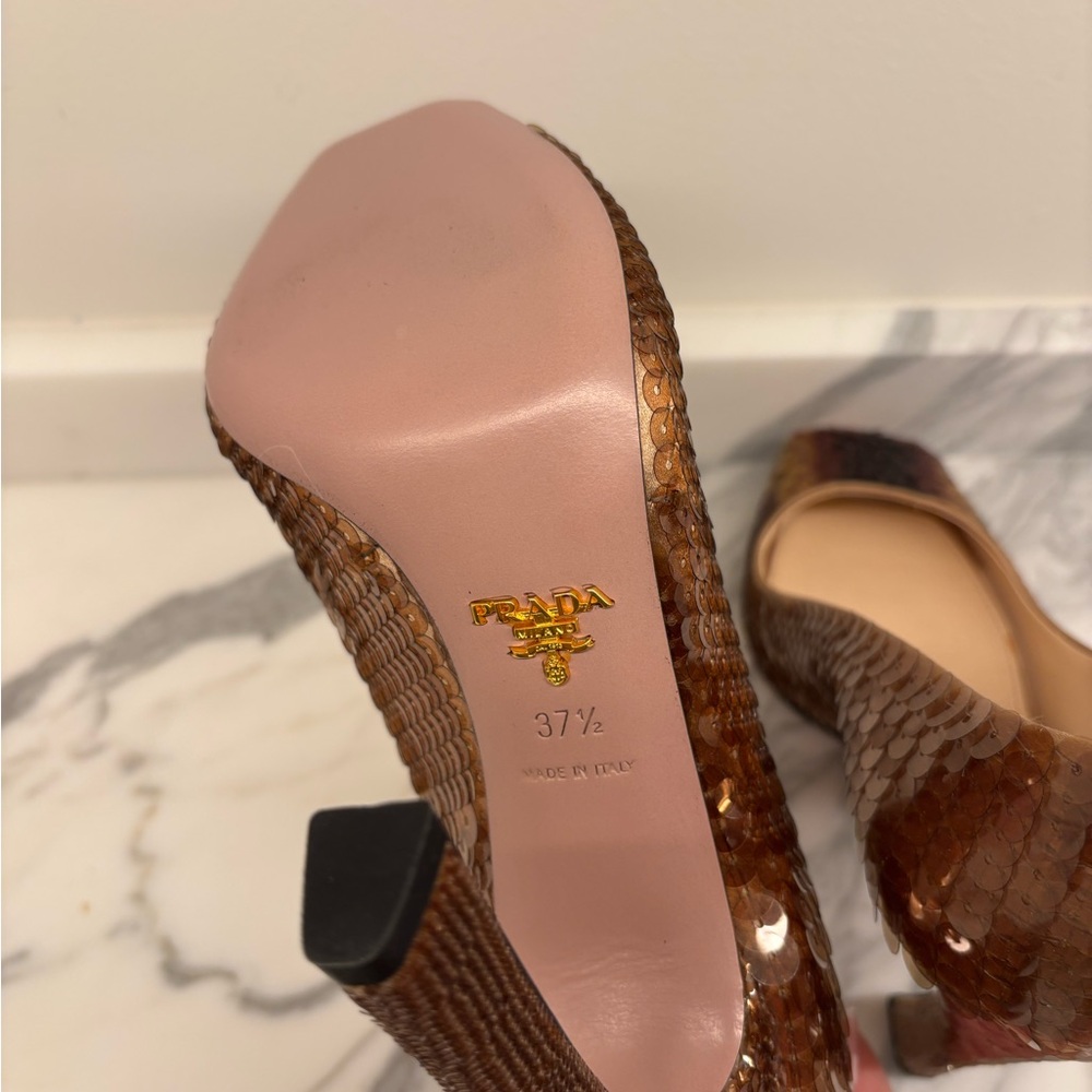 Prada Brown High Heels open toe with Sequins - Picture 5 of 5